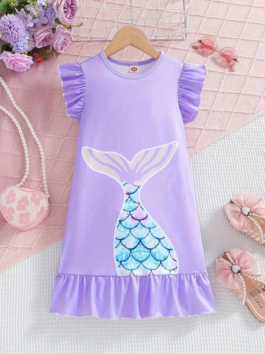 1pc Knitted Mermaid Tail Print Sleeveless Nightgown, Suitable For Spring, Summer, Autumn - Purple - View 1
