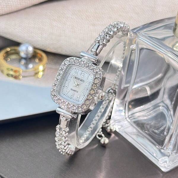 1 pièce Montre à quartz analogique de petite taille pour femme avec double rang de cristaux, chaîne de tirage, échelle numérique arabe, à la mode