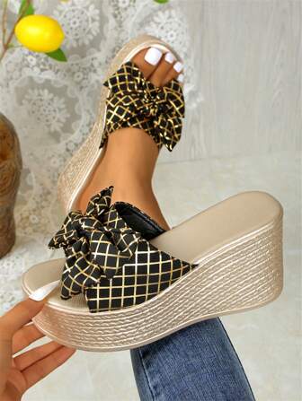 Bohemian Sexy Bowknot Peep-Toe Wedge Sandals For Women, Thick Sole High Heel Fashionable Slip-On Summer Slippers