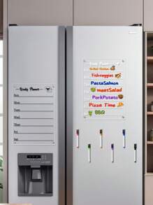 1 set d'aimants de frigo en acrylique avec chiots et lettres noir et blanc, un planificateur hebdomadaire magnétique transparent pour tableau blanc, un tableau de message réutilisable, des aimants de décoration de frigo (comprend 6 marqueurs de tableau blanc)