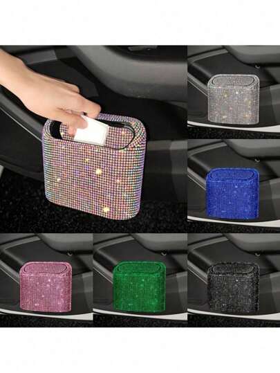Rhinestone Car Trash Bin, Cute & Creative Sparkling Rhinestone-Encrusted Car Trash Bin - Durable ABS Plastic, Easy Clean, Hanging Rear Seat Organizer For Phones, Car Storage Water Bottles & More - Rhinestone Car Trash Bin, Car Garbage Can, Bling Car Trash With Lid, Car Accessories 1pc