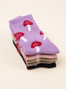 5 Pairs Women's Fashion Personalized Mushroom Pattern Comfortable Breathable Mid-Calf Socks, Suitable For Daily Casual Wear, Lightweight Sock, Exclusive Mushroom Fabric Design, All Season - Multicolor - View 5