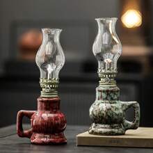 1pc Ceramic Kiln-Fired Glaze Oil Lamp With Handle And Shade, Adjustable Wick Camping Oil Lamp, Indoor Ceramic Oil Lamp Candlestick, Oil Lamp/Hurricane Lamp With Fire Control Knob, Suitable For Christmas, Easter, Ramadan, Valentine's Day, Gifts