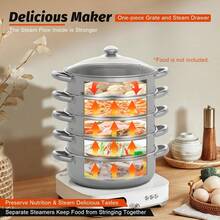 HOHOBLA Steamer, 26cm/10.23in 5-Tier Stainless Steel Steam Cooker With Glass Lid And Handle Stackable Multipurpose Steam Pot Set For Home Restaurant All Hobs (1 X Bottom Pot 4 X Steaming Grids) - Silver - View 9