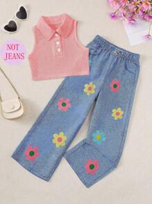 Conjunto de verano para niña con top de chaleco de unicolor casual y pantalones con estampado de flores efecto denim
