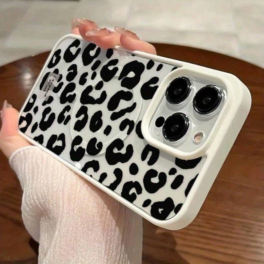 Black And White Leopard Print Magnetic Transparent Printing Mobile Phone Case, Suitable For IPhone17Pro Max 16 15 14 13 12 11 Pro Max Supports Wireless Charging, Using Advanced Acrylic Material, Unisex. - 白色 - 查看 1