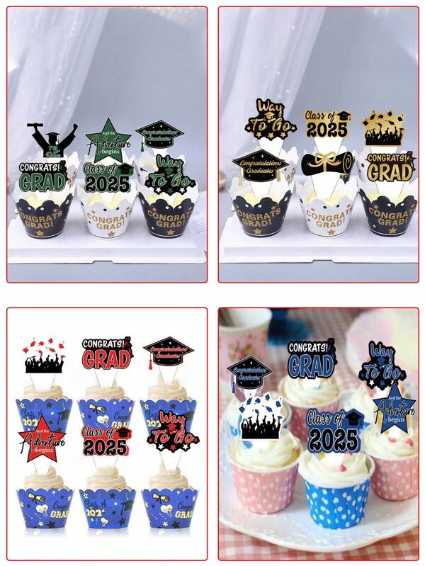 24pcs/48pcs Graduation Season Theme Party Cupcake Decorations, 2025 Graduation Black Gold, Blue, Burgundy, Green Cupcake Toppers, Congratulations On Graduation, Doctorate Caps, Scrolls And Many More Design