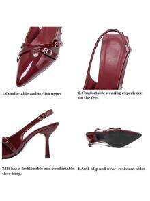 Women's Cat Heels Pointy Toe Pumps, Black Patent Leather Stiletto High Heels, Bridesmaid Red Wedding Shoes, Versatile Buckle Strap Elegant Sandals - Burgundy - View 9