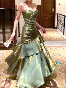 Vestido de fiesta de graduación con cintura estrecha perlada para mujer, con tirantes de espagueti, volantes, vestido de dama de honor para boda, vestido formal para fiesta y cóctel
