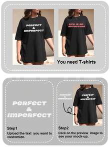 Customized Handwritten Artwork Text Loose Women T-Shirt, Input Your Name/Slogan Text/Anniversary Date/Message/Meaningful Text, Plus Size Women Casual Loose Plus Size Sports T-Shirts, Customized Graphic T-Shirt For Women, Ladies Black Top, Anniversary Gift, Valentine's Day Gift, Birthday Gift, Best Friend Gift, Holiday Gift - Black - View 4