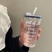 蝴蝶印花透明塑料杯带吸管，日常休闲水瓶