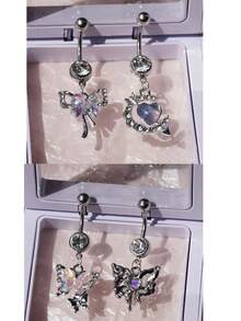 Butterfly Heart Y2K Dangle Belly Button Ring Gold Navel Ring For Women 14G Piercing Jewelry Stainless Steel - Silvery - View 2