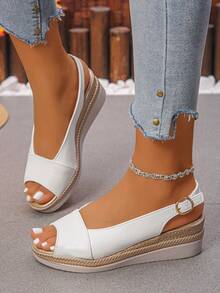 Sandalias de cuña de plataforma gruesa para mujer, nuevas para el verano, con correa de hebilla de patchwork blanco, de moda y versátiles, de tacón alto con punta abierta, estilo de vacaciones para uso casual en exteriores y playa, con efecto elevador - Blanco - Ver 3
