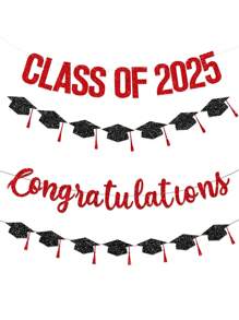 1 Set Glitter Pink & Black 2025 Graduation Congratulations Banner, Paired With Graduation Cap Hanging Flag Decorations, Suitable For Graduation Ceremony And Party Decoration