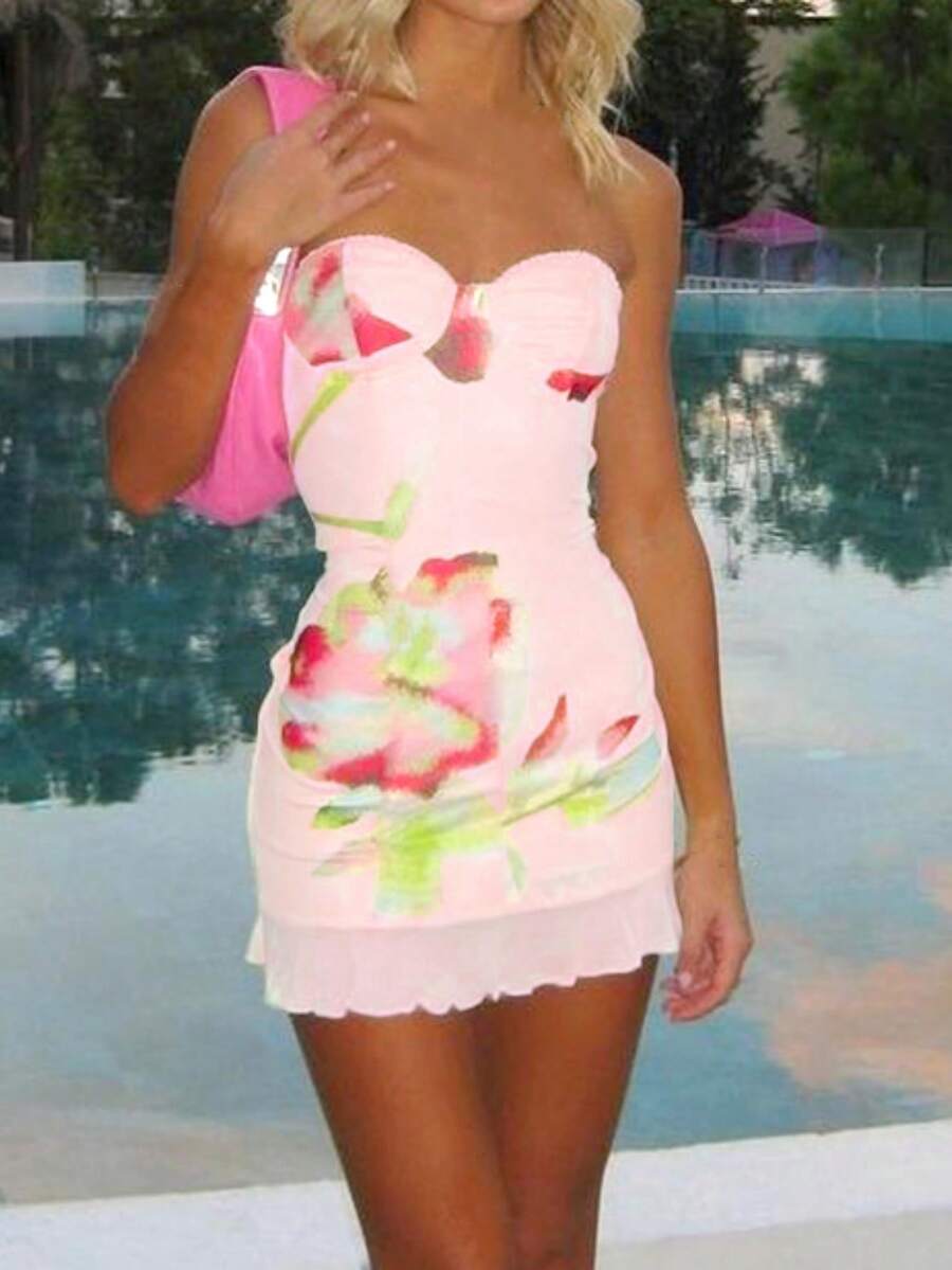 Vacation Casual Floral Print Strapless Mini Sundress - Pink - View 1