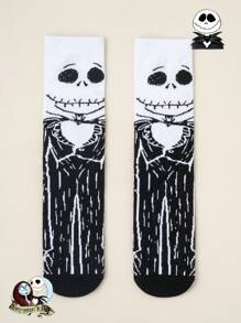 Disney 1 par, unisex, calcetines de media caña con dibujo de Jack de Disney, contraste negro y blanco, tejido suave, ajuste elástico, estilo gótico oscuro, set de calcetines de pareja/mujer, edición limitada para Pascua/verano/Halloween/pareja/mujer/calcetines blancos