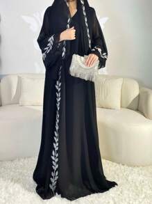 2 piezas de conjunto nuevo de Eid Mubarak que incluyen pañuelo, vestido tradicional árabe Jalabeya con bordado elegante de plumas, bata de moda adecuada para fiestas, ceremonias, vacaciones y uso en casa