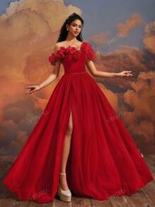 VIPGIRL Elegant Net Yarn Elegant Slit Maxi Off Shoulder Evening Gown Party Dress Wedding Guest Dress Formal Dress Evening Dress