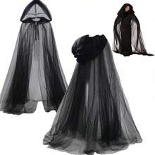 Ghost Cosplay Hooded Cloak For Women, Witch Net Gauze Long Cape For Party Performance - Black - View 1