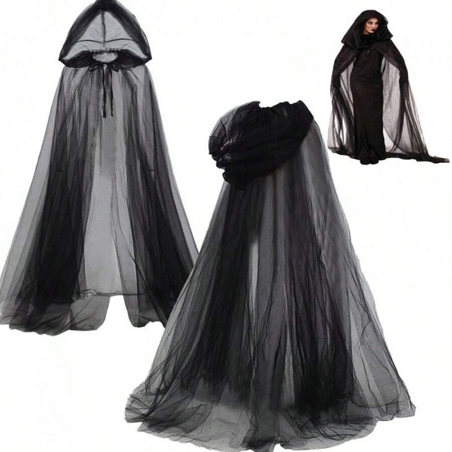 Ghost Cosplay Hooded Cloak For Women, Witch Net Gauze Long Cape For Party Performance - Black - View 1