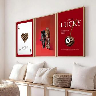 1/3 pezzi Stampe su tela di quadri murali con disegni di leopardo rosso e rosa, "Quanto siamo fortunati", stampe di palline 8 lucky, decorazioni per camera da letto, soggiorno, camera universitaria, senza cornice