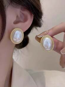 1 对时尚巴洛克珍珠耳环，经典欧式风格，简约韩式设计，百搭耳环 - 金黃色 - 查看 10
