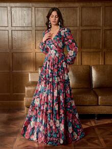 优雅 V 领灯笼袖花卉印花礼服花园派对礼服晚礼服、长袍、婚礼宾客礼服