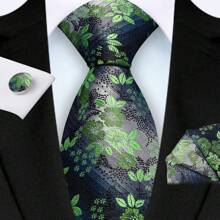 3 Piece Set: 8cm Floral & Patterned Necktie, Handkerchief, And Cufflinks Men's Necktie Set, High Quality Classic Business & Casual Tie Set, Men's Wedding Accessories, Family, Christmas, Party Gift