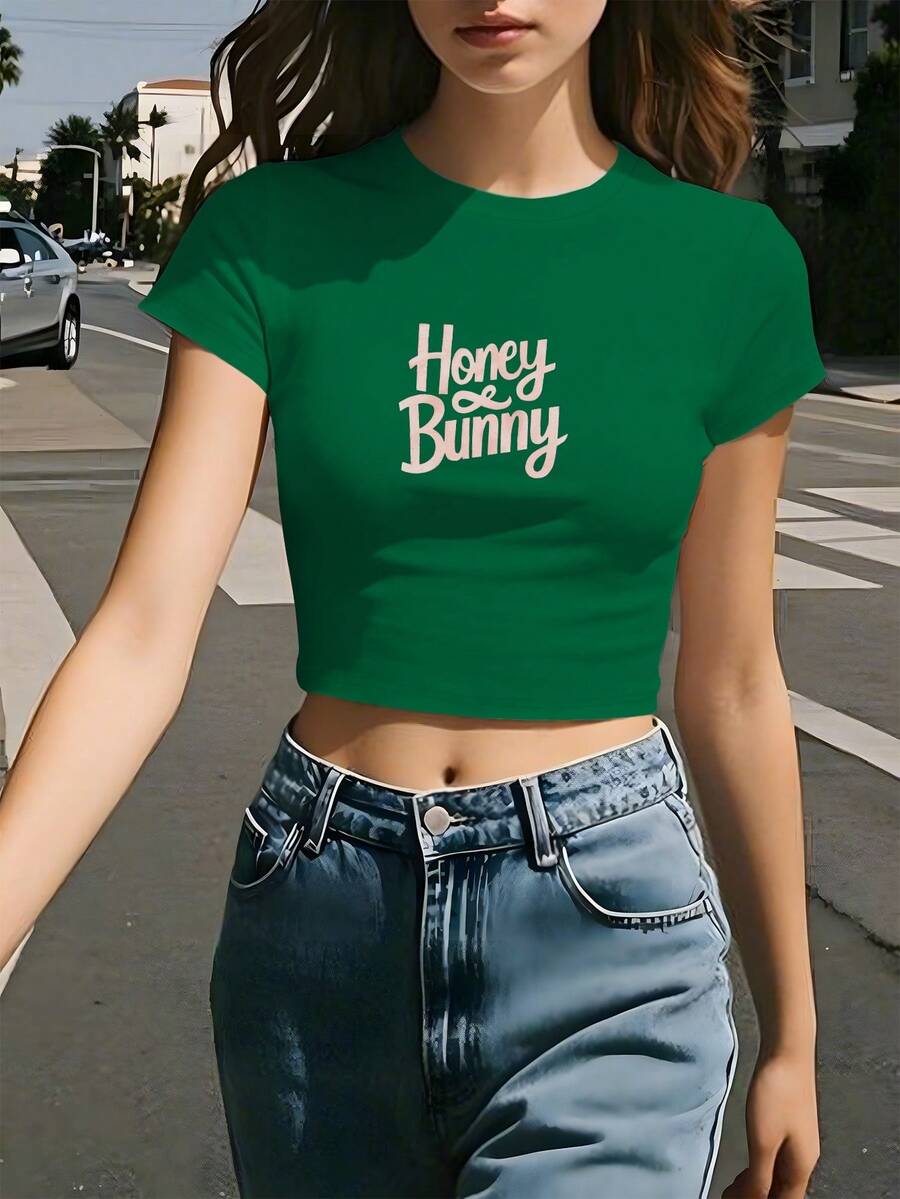 Honey Bunny Women's Fashion Short T-Shirt - 綠色 - 查看 1
