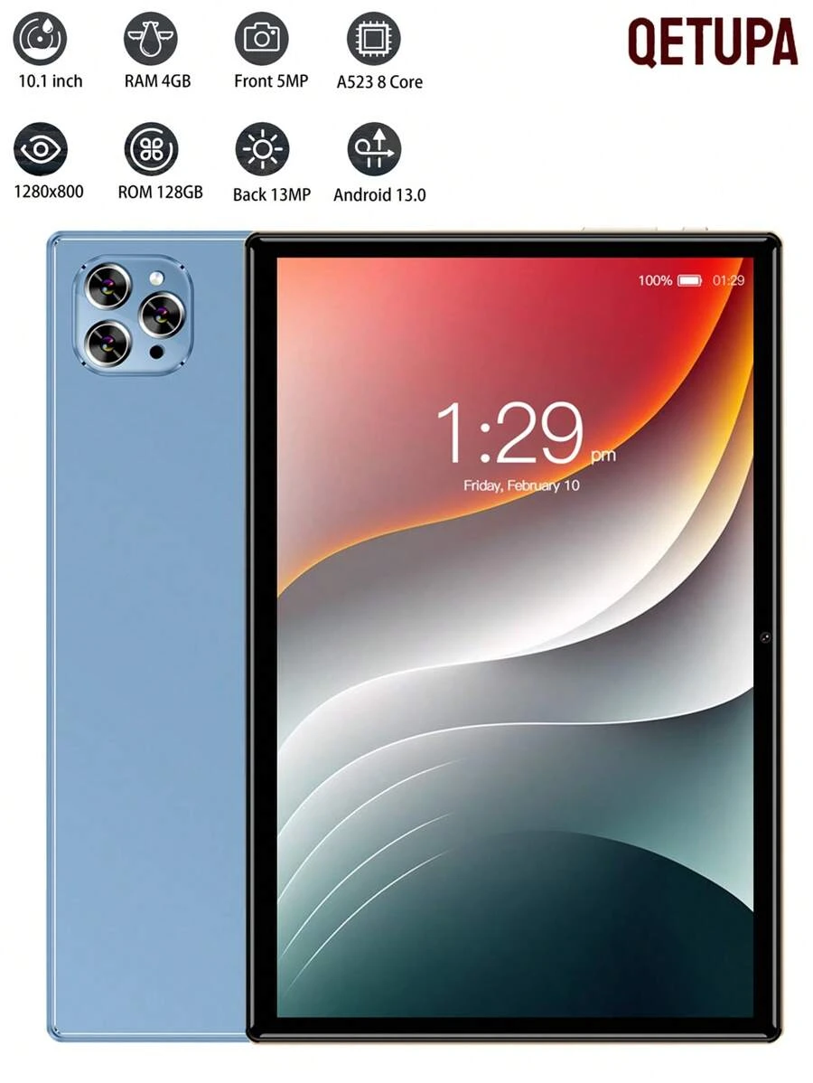 Qetupa 10.1" M9-4 Android 13 Tablet,4GB RAM+128GB ROM,A523 Octa-Core 2.0GHZ Processor,HD(1280x800) IPS Touch Screen,5MP Front Camera&13MP Rear Camera,6000mAh Battery,802.11ac WIFI5 2.4G+5G,BT 5.4,GPS,No Support SIM Card
