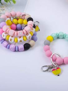 1 Stück bunter perlenbesetzter "TEACH" Buchstabe Silber Schlüsselanhänger, niedlicher kleiner Herz Acryl Anhänger Armband, Rucksack Hängeornament, Geschenk für Lehrer und Studenten Auto Accessoires Taschenbaumler