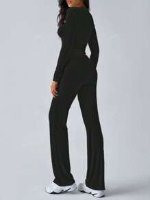 Spring Women's Fashionable Belly-Baring Long-Sleeved Tops, Slim-Fitting Lace-Up Flared Pants Sports Suit