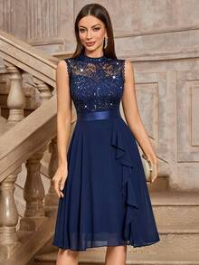 MIUSOL Turtleneck Sequin Floral Lace Sleeveless Ruffle Hem Cocktail Party Dress - Navy Blue - View 3