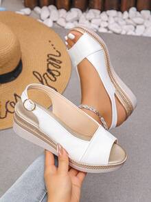 Sandalias de cuña de plataforma gruesa para mujer, nuevas para el verano, con correa de hebilla de patchwork blanco, de moda y versátiles, de tacón alto con punta abierta, estilo de vacaciones para uso casual en exteriores y playa, con efecto elevador - Blanco - Ver 2