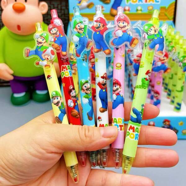 Super Mario Conjunto de 6 canetas esferográficas retráteis com personagens de desenho animado do Super Mario, caneta de plástico com Mario e estampas, adequada para diário, escritório, material escolar, ideal para presentes de formatura e feriados