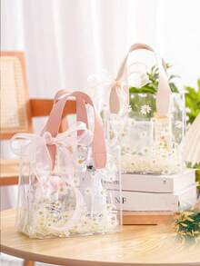 10-1pc Simple Double Handle Waterproof Flower Gift Tote Bag, Foldable Flower Bouquet Packaging Hand Carry Bag, Delicate Flower Box With Handle For Gift Wrapping, Small PVC Bag, Mini Transparent Gift Bag With Handle, Plastic Gift Bag With Handle Transparent Handbag, Rectangular Wedding Gift Packaging Bag - Multicolor - View 9