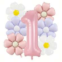 Set de 8 globos con números rosas tipo margarita, incluye números grandes de 32 pulgadas en rosa de 1, 2, 3, 4, 5, 6, 7, 8, 9, y 18 pulgadas de margaritas vintage mate en blanco, rosa y morado, para decorar fiestas de jardín, cumpleaños, decoración del hogar y escenarios al aire libre