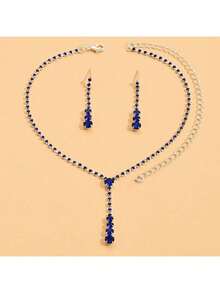 3pcs, Water Drop Rhinestone Necklace, Light Luxury Accessories, Party Party Accessories, Birthday Gifts, Banquet Dress Accessories, Party Gifts, Holiday Gifts, High-End Jewelry Necklace, Necklace Earrings Set - Royal Blue - View 9