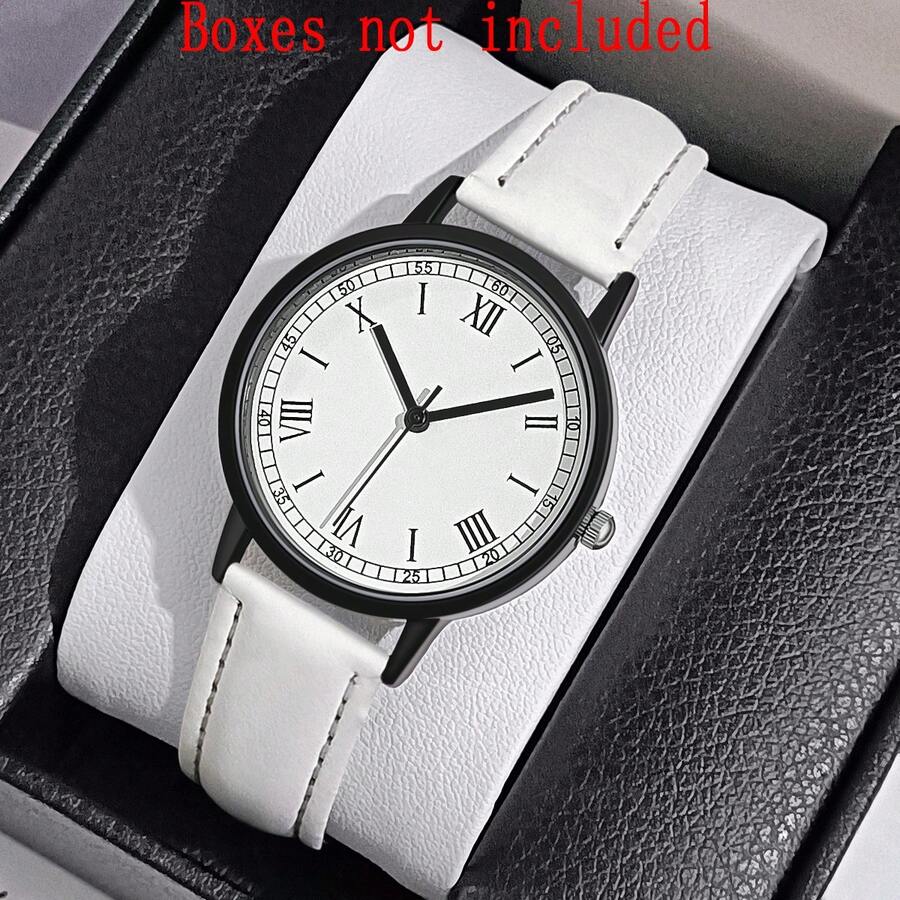 1 件时尚女士石英手表，配 PU 皮革表带，圆形表盘，适合日常休闲佩戴