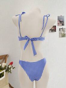 Women's Summer New Plaid Print Bikini Two Pieces Set, Girly Style, Push-Up Bikini, Underwire Bikini, Beach Holiday Outfit, Swimwear, Women's Summer Dress, Women's Summer Clothing, Festival, Ibiza Island Outfit, Women's Swimsuit, Bikini Set, Women's Swimwear, Women's Beach Outfit, Holiday Set, Beach Dress, Women's Bikini Set, Blue - Blue and White - View 4