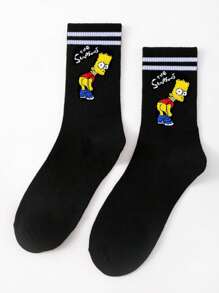 1 par de calcetines unisex/mujer/hombre con estampado de dibujos animados de Los Simpson y doble franja, calcetines tipo crew lindos y deportivos, suaves y cómodos, versátiles para uso casual, estudiantes, fiesta de adultos/festividades de Halloween, oficina, hogar y uso diario, primavera/verano