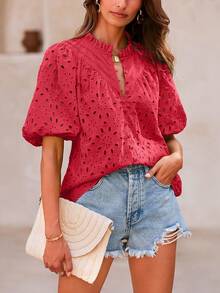 Women's Summer Top Fashion Casual Lantern Short Sleeve V-Neck Button Hollow-Out Lace Embroidery Shirt - Đỏ - Xem 1