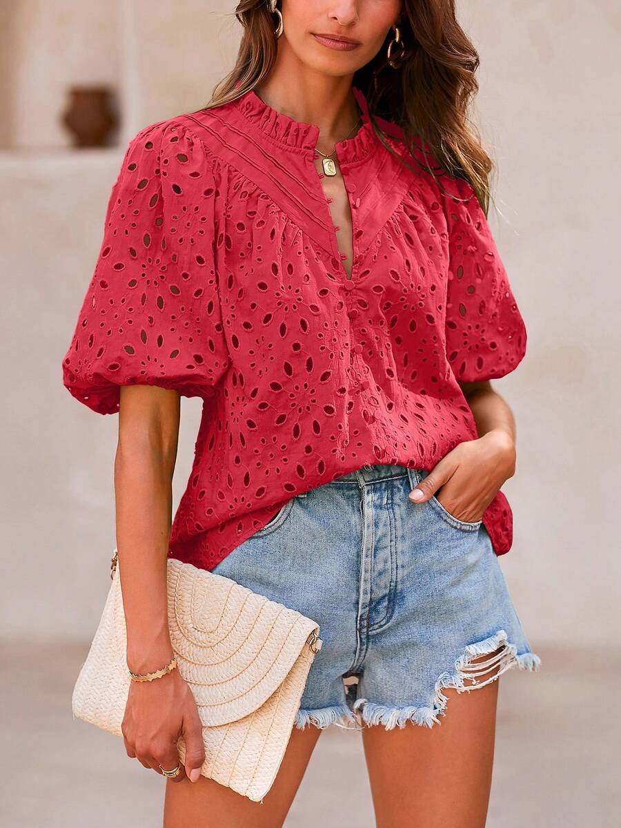 Women's Summer Top Fashion Casual Lantern Short Sleeve V-Neck Button Hollow-Out Lace Embroidery Shirt - Đỏ - Xem 1
