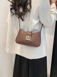 1 Peça Marrom Pu Liso Zíper E Decoração De Metal Bolsa De Ombro Versátil Casual, Adequada Para Uso Diário Feminino