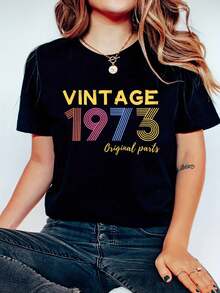Camiseta deportiva informal con estampado vintage de 1973, camisetas de manga corta para entrenamiento con cuello redondo, camiseta deportiva para mujer para adultos, hombres, mujeres, adolescentes, jóvenes - Negro - Ver 2