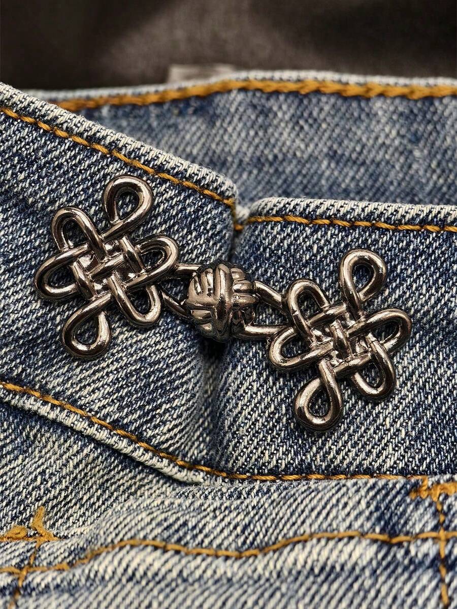 1 对/2 对可调节金属合金无钉牛仔裤腰扣带可拆卸腰扣魔术工具 - 銀黑色 - 查看 1