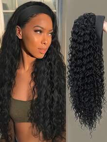 26 "Curly Hair Band Female Wig Wavy Black Wig With Headband Synthetic Woven Chemical Fiber Long Curly Hair Wig For Everyday Use And Halloween Cosplay Christmas Fashion Girls - Black - View 2