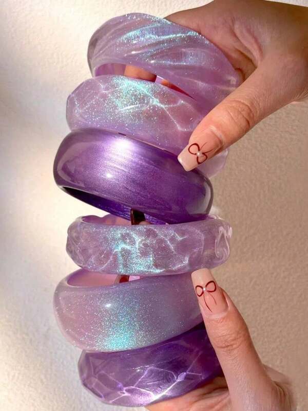 1pc New Fashionable Exaggerated Purple & Pink Multicolor Glitter Resin Bracelet, Asymmetrical Wave Geometric Stacking Bangle Wristband, Suitable For Girlfriend, Party, Wedding, Work, Travel, Beach, Nightclub And Other Occasions (Please Refer To The Size Chart When Purchasing, Do Not Accept Size Mismatch Reviews, This Item Runs Small, But The Quality Is Very Good, Inner Diameter: 60-63MM)