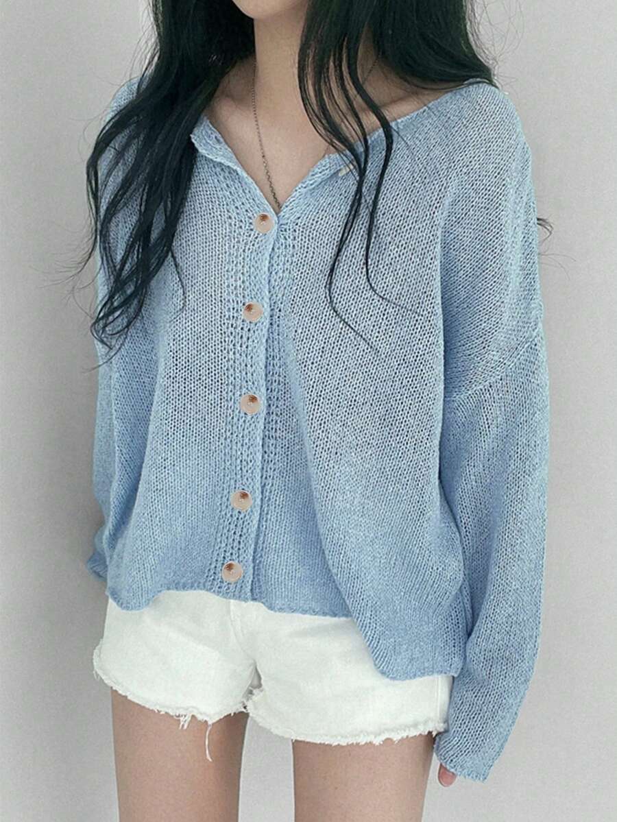 Solid Color Knitted Sheer Long Sleeve Cardigan