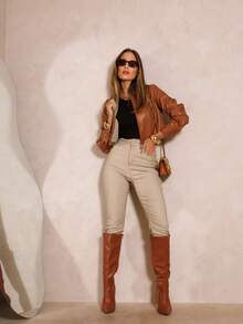 Faux Leather PU Zipper Simple Basic Jacket Brown - Marrom - 查看 4